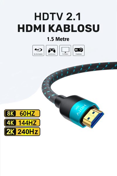 Ultra Yüksek Hızlı 8k Hdmi 2.1 Örgü Kablo, 4k 144hz Hdmi Örgü Kablosu 1.5 Metre Hdtv Kablosu