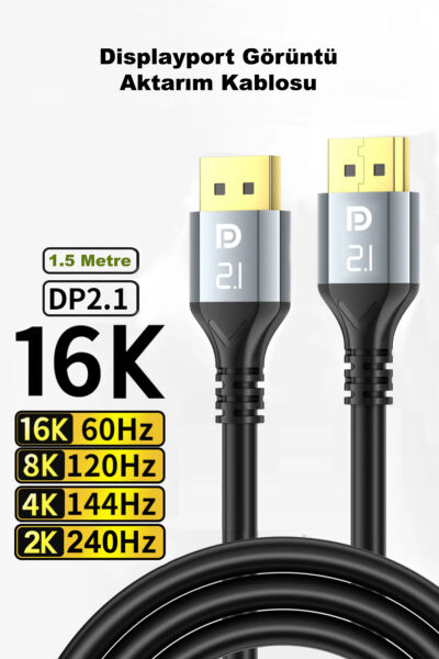16k Displayport Dp Görüntü Aktarım Kablosu 1.5 Metre Bilgisayar Laptop Projektör Uyumlu V 2.1