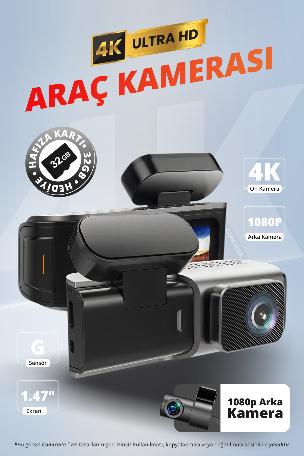 UHD 4K Dash Araç İçi Kamerası, Araç İçi 4K + Arka Kamera 1080P Wi-Fi (32G SD Kart Dahil)